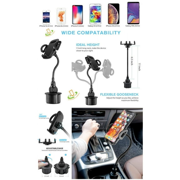 Universal Car Cup Holder Phone Mount, Adjustable Long Arm Gooseneck Cell Phone Holder with 360 Rotatable Cradle for Most Smartphones Such as iPhone, Samsung, LG, Motorola, Google, HTC and GPS