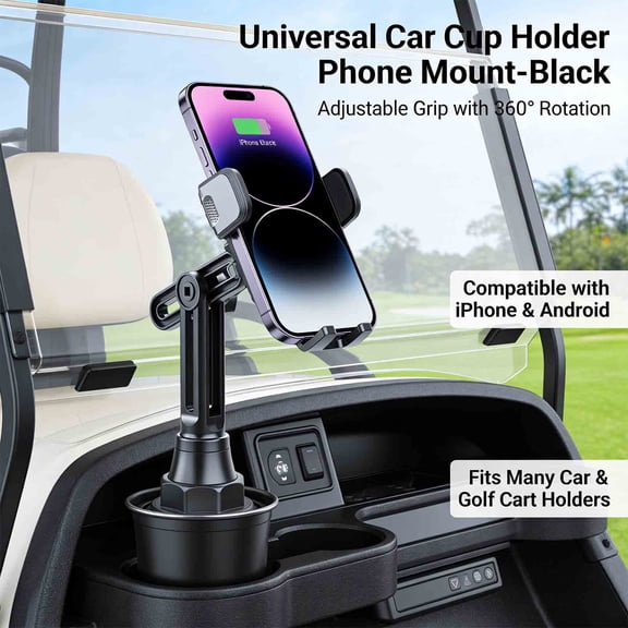 MKDAQIQIU Universal Car Cup Holder Phone Mount - Black, Adjustable Grip with 360 Rotation for iPhone & Android, Fits Many Car & Golf Cart Holders