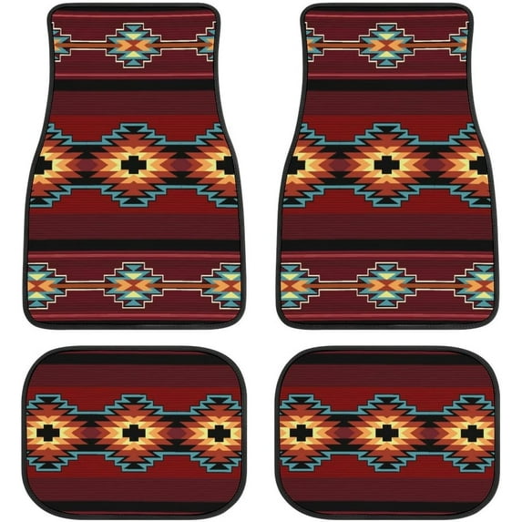 Universal Car Floor Mats Set of 4,Rustic Brown Beige Teal Western Country Cowboy Tooled Leather Vehicle Front Rear Carpets Non-Slip Rugs Auto Accessories Fit for SUV Van Truck