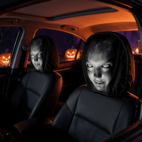 Universal Car Headrest Covers 2 Pack, Spooky Scary Face Masque Printed Elastic Cushion Cover, Fun Novelty Auto Interior Decor Accessory