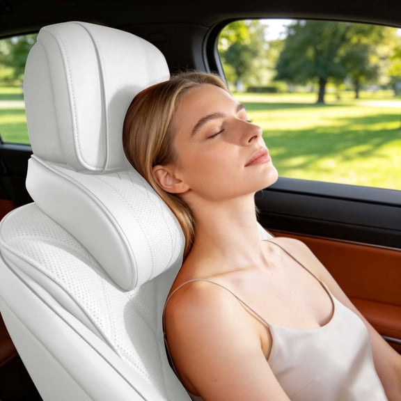 Universal Car Headrest Neck Support Pillow Breathable Auto Seat Head Rest For Car Driving Road Trip(White-10.24")