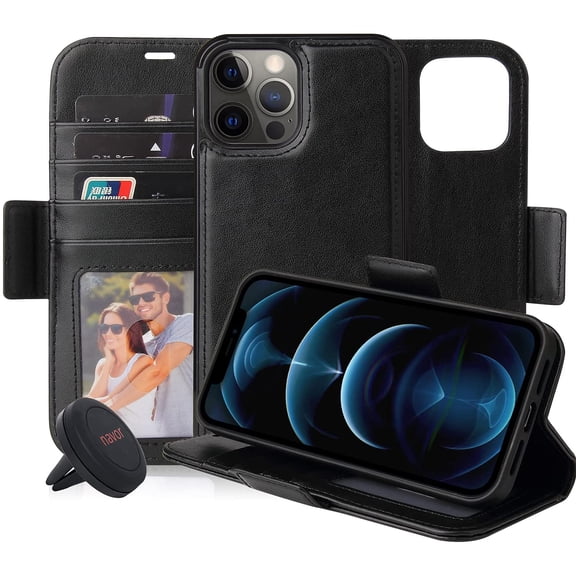 Universal Car Mount & Detachable Magnetic Wallet Case with RFID Protection Compatible for iPhone 12 Pro Max [6.7 inch] [Vajio Series] - Black