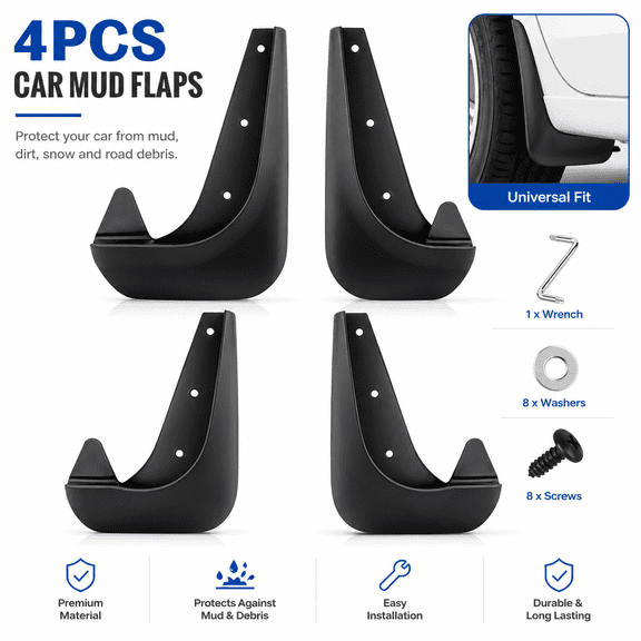 Universal Car Mud Flaps Splash Guards Set Front Rear PVC Mudguard Protectors for Trucks SUVs Sedans, Flexible Anti-Splash Fender Guards with Screw Mount Installation, 4 Piece Black