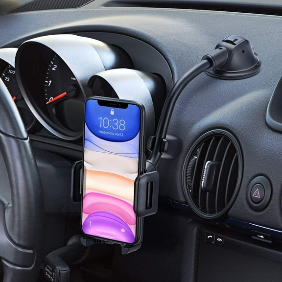 Universal Car Phone Holder W/ Long-Arm Gooseneck Adjustable Heavy Duty Car Phone Mount Grip Flex Windshield Car Mount Cell Phone Holder- Compatible with iPhone & Samsung