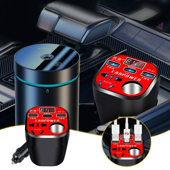 Universal Car Power Inverter 12V/24V to 220V AC 200W | Dual AC Outlet, 3 USB & Type-C | Cup Holder Design | Multi-Protection | Truck, SUV, RV Charging Adapter