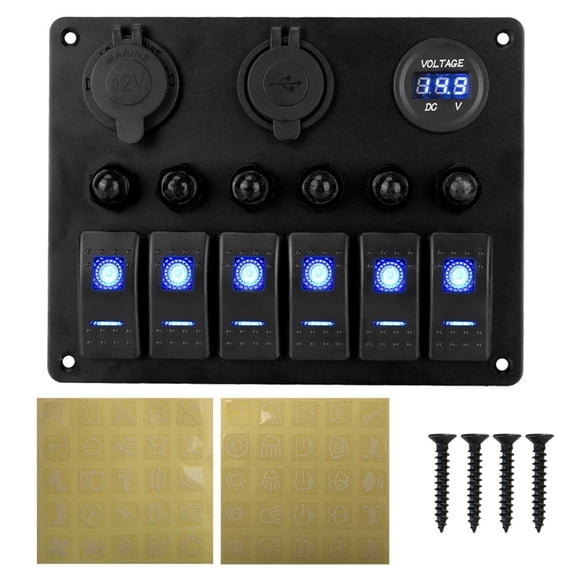 Universal Car RV 6 Switch Panel 12/24V Rocker Panel Voltmeter USB Charger Circuit Breaker Tester Light Toggle C