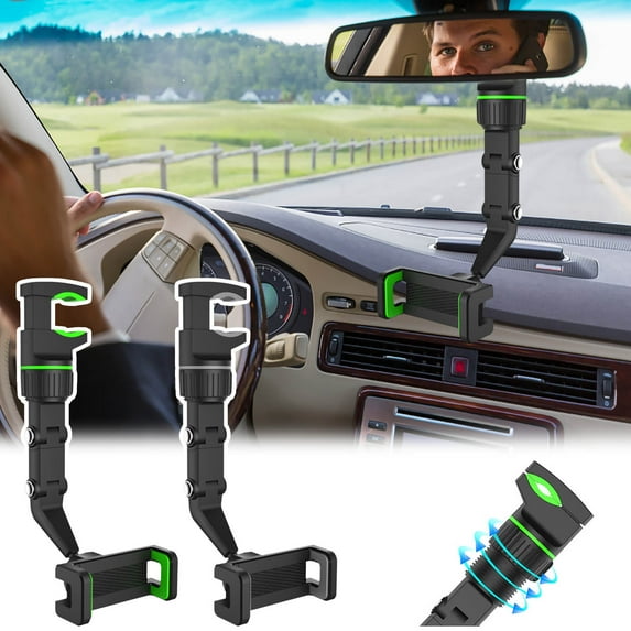 Universal Car Rearview Mirror Phone Mount | 360° Adjustable Multi-Angle Holder for All Smartphones | Secure 4-Claw Grip | Easy Installation No Traces