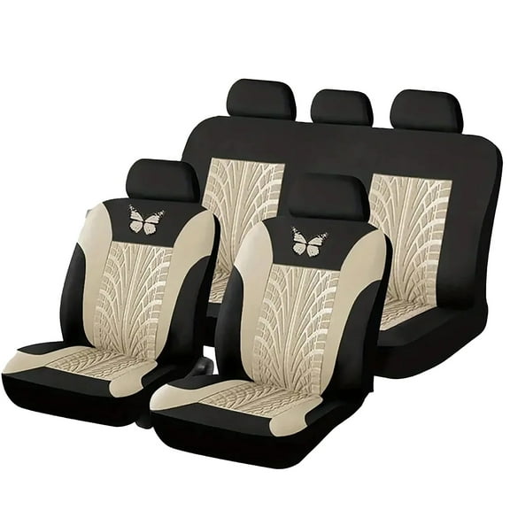 Universal Car Seat Covers Full Set Protector Cushion Front Rear 3D Butterfly Embroidery Pattern, Beige