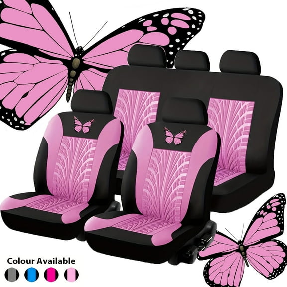 Universal Car Seat Covers Full Set Protector Cushion Front Rear 3D Butterfly Embroidery Pattern, Pink