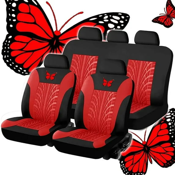 Universal Car Seat Covers Full Set Protector Cushion Front Rear 3D Butterfly Embroidery Pattern, Red