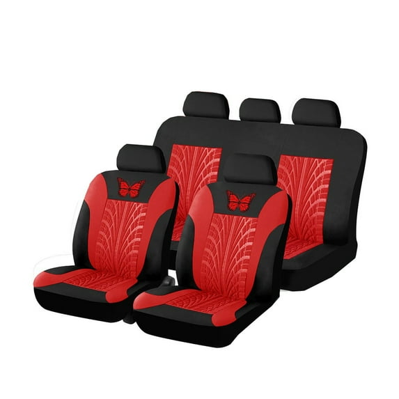 Universal Car Seat Covers Full Set Protector Cushion Front Rear 3D Butterfly Embroidery Pattern, Red