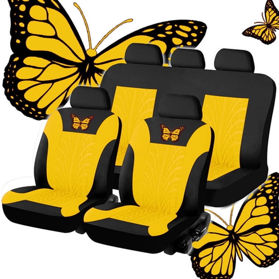 Universal Car Seat Covers Full Set Protector Cushion Front Rear 3D Butterfly Embroidery Pattern, Yellow