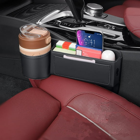Universal Car Seat Gap Organizer, Leather Storage Box with Charging Hole, Fits Between Seat & Console for Phones, Wallets, Cups - 28x23cm