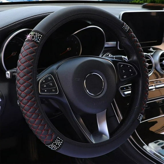 Universal Car Steering Wheel Cover 37-38cm Leather Embroidered Color Diamond-Studded Elastic Four Seasons Steering Wheel Cover Black-Red