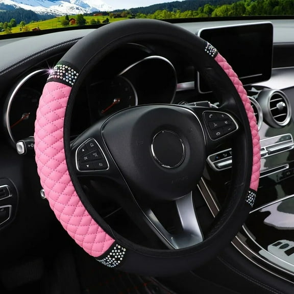 Universal Car Steering Wheel Cover 37-38cm Leather Embroidered Color Diamond-Studded Elastic Four Seasons Steering Wheel Cover Pink