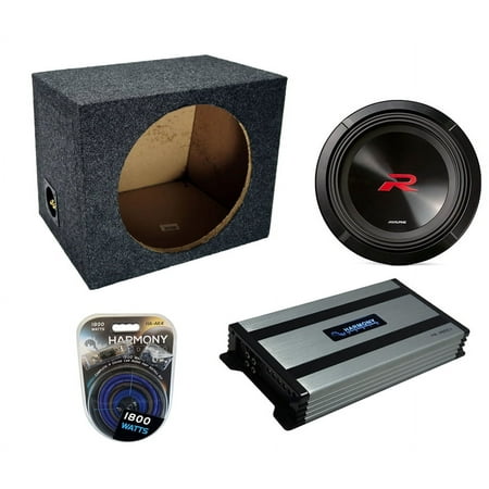 Universal Car Stereo Rearfire Sealed Single 12" Alpine Next-Generation R-Series R2-W12D4 Sub Box Enclosure with Harmony HA-A800.1 Amplifier & 4GA Amp Kit
