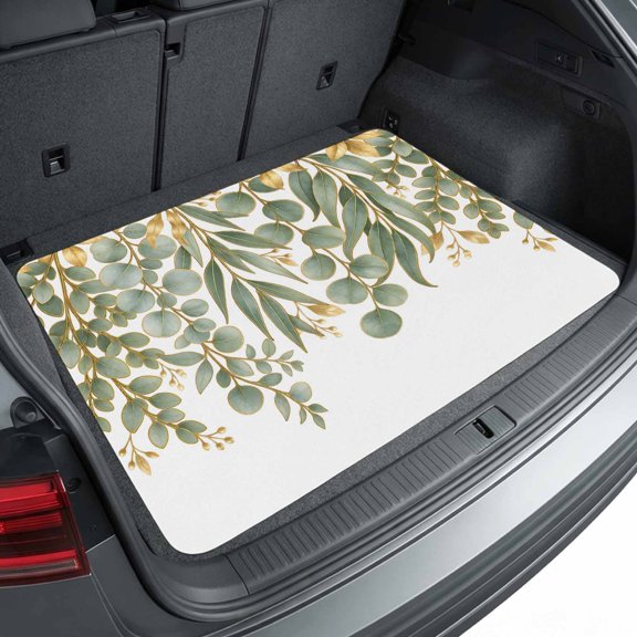 Universal Car Trunk Mat 29" x 39", Green Eucalyptus Leaf All Weather Cargo Liner, Practical Auto Interior Accessories, Country Watercolor Botanical Gold Leaves Cargo Mat Fits Most Cars SUVs Trucks