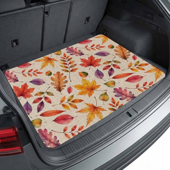 Universal Car Trunk Mat 29" x 39", Orange Leaf All Weather Cargo Liner, Practical Auto Interior Accessories, Fall Maple Leaves Vintage Retro Farm Brown Linen Texture Cargo Mat Fits Most Cars SUVs