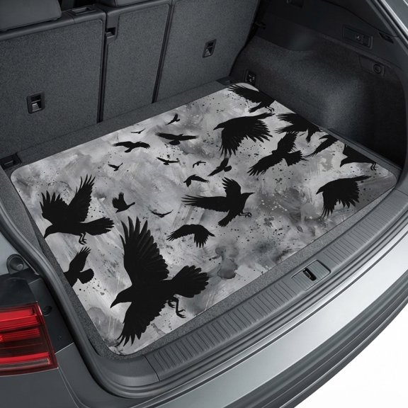 Universal Car Trunk Mat 29"x39", Black Crow Birds Waterproof Cargo Liner, Non-Slip Durability Cargo Mat, Abstract Spooky Grey Sky Wings All Weather Rear Trunk Protector for Car SUV