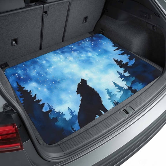 Universal Car Trunk Mat 29"x39", Black Wolf Silhouette Waterproof Cargo Liner, Non-Slip Durability Cargo Mat, Abstract Starry Night Forest All Weather Rear Trunk Protector for Car SUV