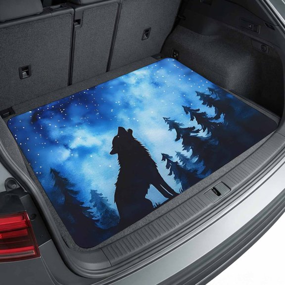 Universal Car Trunk Mat 29"x39", Black Wolf Silhouette Waterproof Cargo Liner, Non-Slip Durability Cargo Mat, Forest Starry Night Sky All Weather Rear Trunk Protector for Car SUV