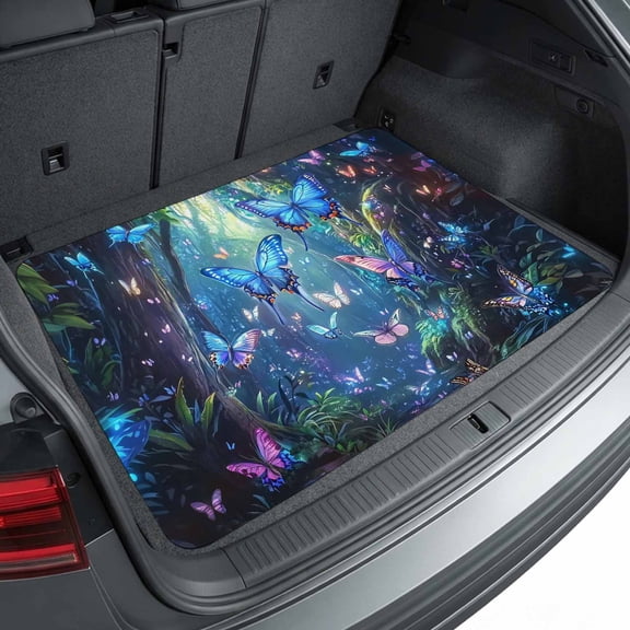 Universal Car Trunk Mat 29"x39", Blue Butterfly Waterproof Cargo Liner, Non-Slip Durability Cargo Mat, Modern Art Forest Butterflies All Weather Rear Trunk Protector for Car SUV