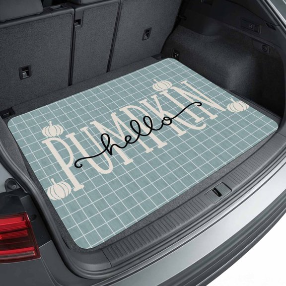 Universal Car Trunk Mat 29"x39", Blue Fall Pumpkins Waterproof Cargo Liner, Non-Slip Durability Cargo Mat, Thanksgiving Autumn Modern Plaid All Weather Rear Trunk Protector for Car SUV