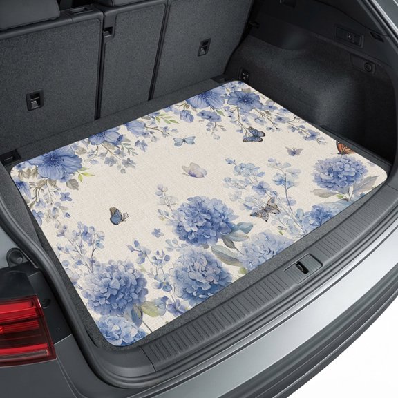 Universal Car Trunk Mat 29"x39", Blue Hydrangea Waterproof Cargo Liner, Non-Slip Durability Cargo Mat, Farmhouse Floral Butterflies Rustic Beige All Weather Rear Trunk Protector for Car SUV