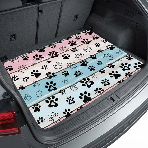 Universal Car Trunk Mat 29"x39", Blue Pink Dog Paws Prints Waterproof Cargo Liner, Non-Slip Durability Cargo Mat, Farmhouse Beige Wood All Weather Rear Trunk Protector for Car SUV