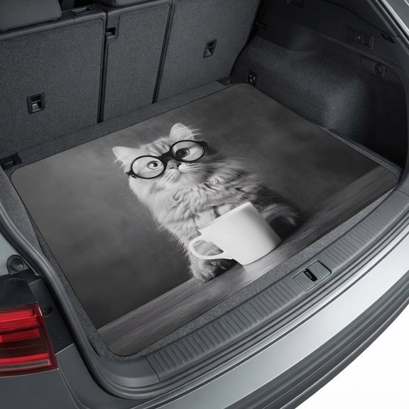 Universal Car Trunk Mat 29"x39", Cat Waterproof Cargo Liner, Non-Slip Durability Cargo Mat, Black Grey Cup Glasses Funny All Weather Rear Trunk Protector for Car SUV