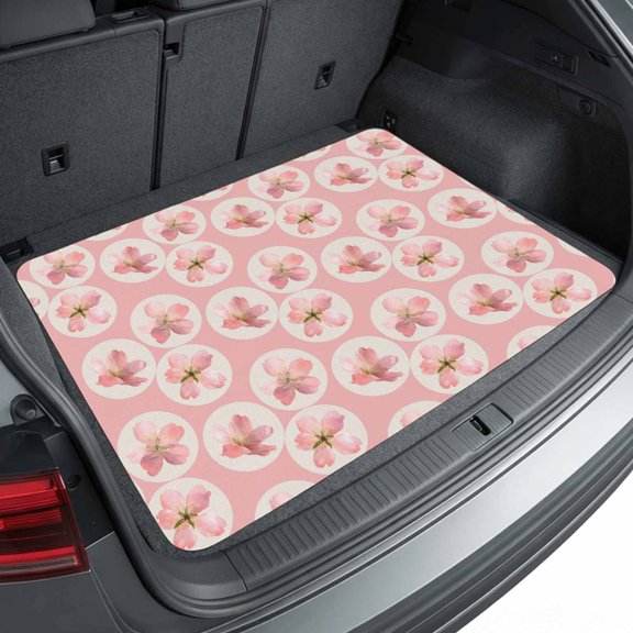 Universal Car Trunk Mat 29"x39", Cherry Blossoms Waterproof Cargo Liner, Non-Slip Durability Cargo Mat, Spring Floral Circle Retro Rustic Pink All Weather Rear Trunk Protector for Car SUV