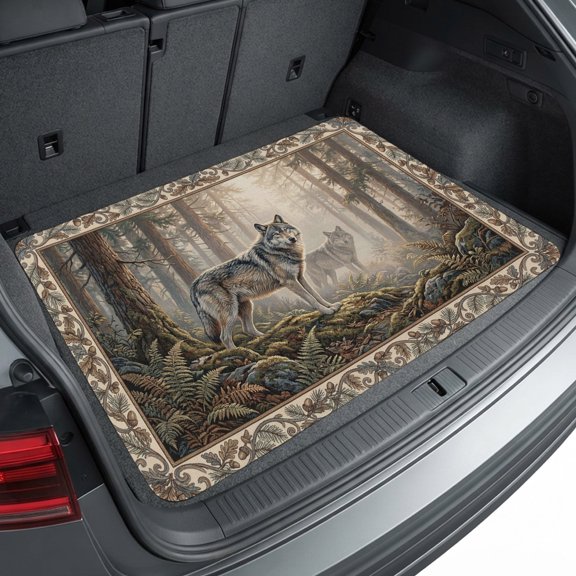 Universal Car Trunk Mat 29"x39", Country Wolf Waterproof Cargo Liner, Non-Slip Durability Cargo Mat, Rustic Trees Plants Forest Scenery All Weather Rear Trunk Protector for Car SUV