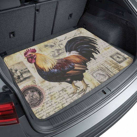 Universal Car Trunk Mat 29"x39", Farmhouse Rooster Waterproof Cargo Liner, Non-Slip Durability Cargo Mat, Chicken Vintage Newspaper Stamp All Weather Rear Trunk Protector for Car SUV