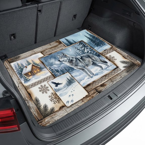 Universal Car Trunk Mat 29"x39", Farmhouse Wolf Waterproof Cargo Liner, Non-Slip Durability Cargo Mat, Winter House Eagle Snowflake Pine Tree All Weather Rear Trunk Protector for Car SUV