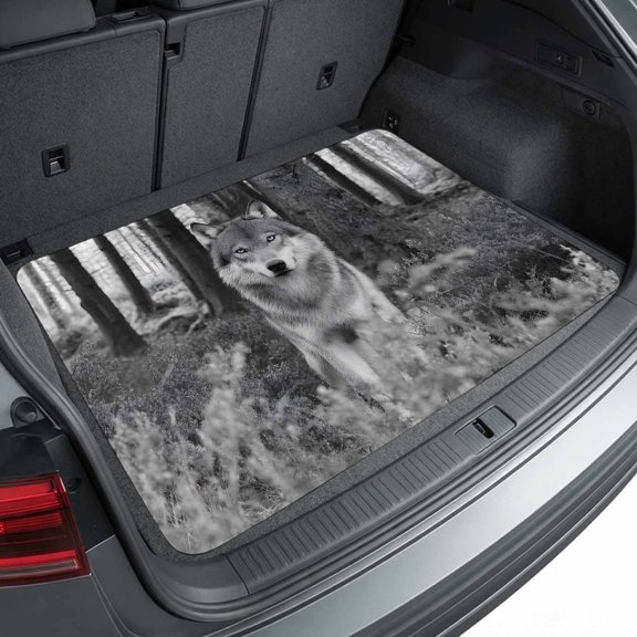 Universal Car Trunk Mat 29"x39", Grey Wolf Waterproof Cargo Liner, Non-Slip Durability Cargo Mat, Forest Woodland Trail All Weather Rear Trunk Protector for Car SUV