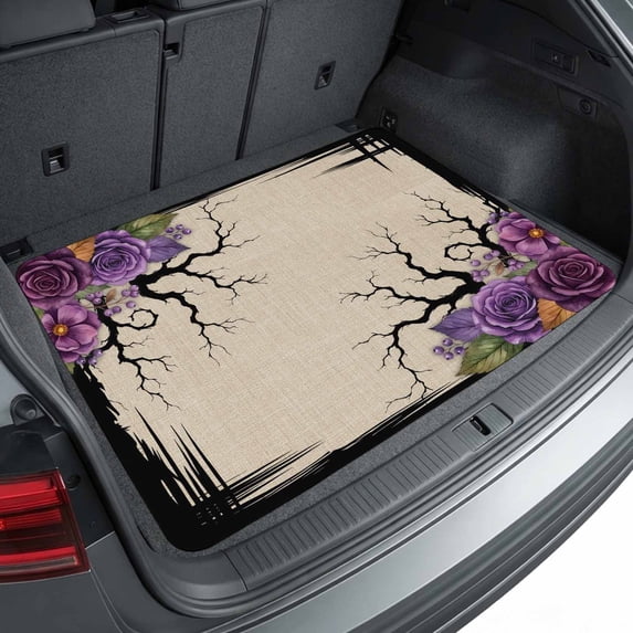 Universal Car Trunk Mat 29"x39", Halloween Waterproof Cargo Liner, Non-Slip Durability Cargo Mat, Fall Farmhouse Spooky Branches Flowers Beige All Weather Rear Trunk Protector for Car SUV