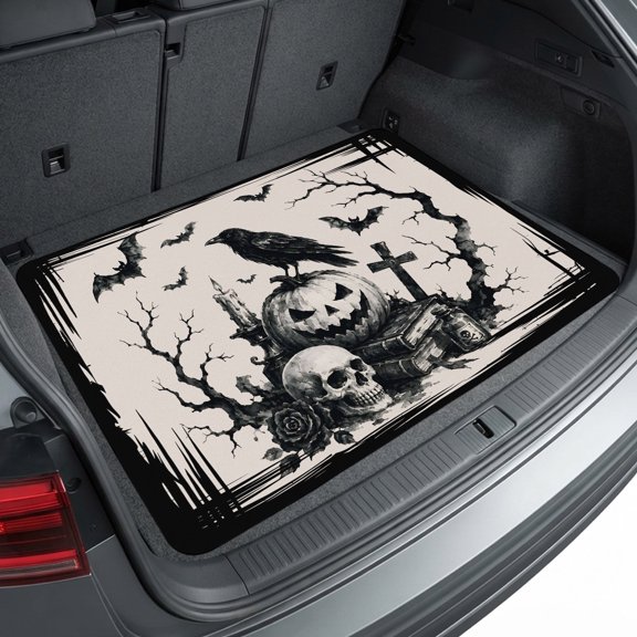 Universal Car Trunk Mat 29"x39", Halloween Waterproof Cargo Liner, Non-Slip Durability Cargo Mat, Farmhouse Skulls Pumpkins Crow Bats Spooky Rustic All Weather Rear Trunk Protector for Car SUV
