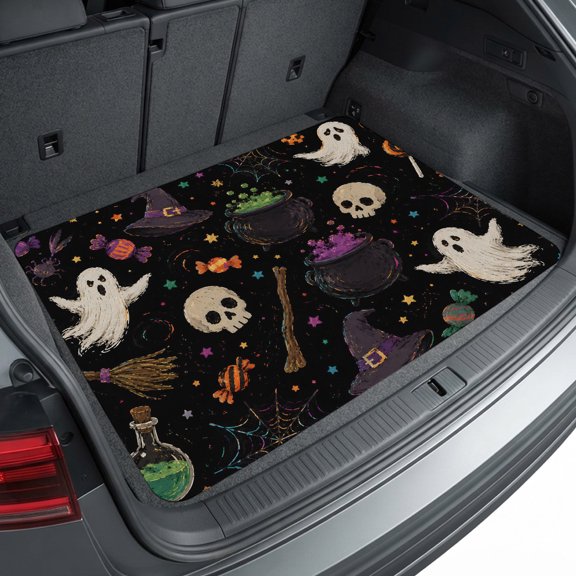 Universal Car Trunk Mat 29"x39", Halloween Waterproof Cargo Liner, Non-Slip Durability Cargo Mat, Spooky Witch Hat Ghost Black All Weather Rear Trunk Protector for Car SUV
