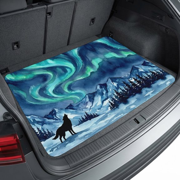 Universal Car Trunk Mat 29"x39", Howling Wolf Waterproof Cargo Liner, Non-Slip Durability Cargo Mat, Boho Sky Boho Navy Turquoise Snowy Rustic All Weather Rear Trunk Protector for Car SUV