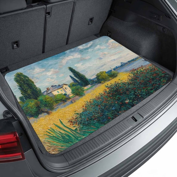 Universal Car Trunk Mat 29"x39", Nature Scenery Waterproof Cargo Liner, Non-Slip Durability Cargo Mat, Farmhouse Country House Trees River Sky All Weather Rear Trunk Protector for Car SUV