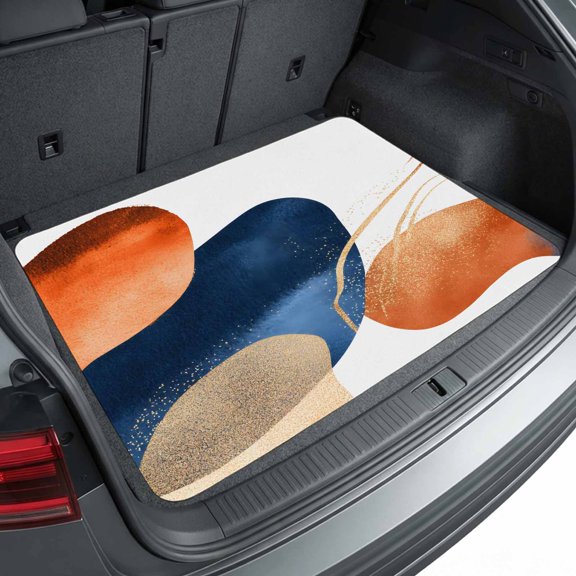 Universal Car Trunk Mat 29"x39", Navy Blue Burnt Orange Waterproof Cargo Liner, Non-Slip Durability Cargo Mat, Modern Retro Geometric Boho All Weather Rear Trunk Protector for Car SUV