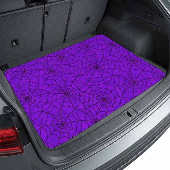 Universal Car Trunk Mat 29"x39", Purple Halloween Waterproof Cargo Liner, Non-Slip Durability Cargo Mat, Black Spiders Net Classic Gingham All Weather Rear Trunk Protector for Car SUV