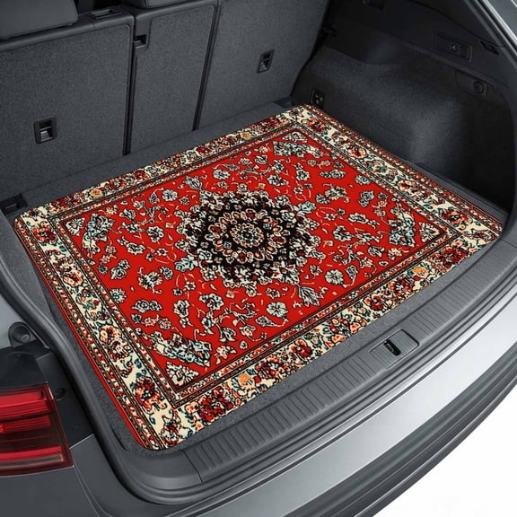 Universal Car Trunk Mat 29"x39", Red Bohemian Waterproof Cargo Liner, Non-Slip Durability Cargo Mat, Boho Flower Abstract Modern Retro Art All Weather Rear Trunk Protector for Car SUV