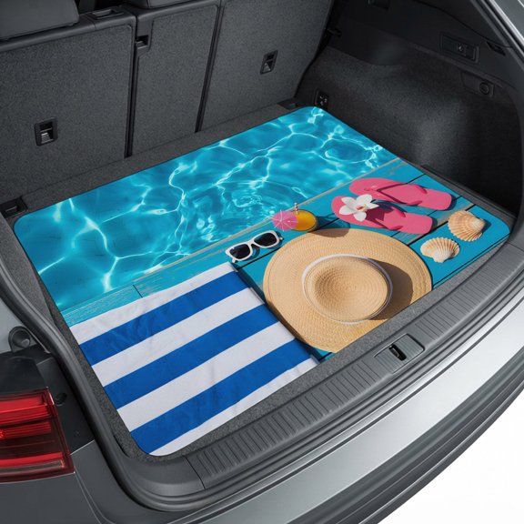 Universal Car Trunk Mat 29"x39", Swimming Pool Waterproof Cargo Liner, Non-Slip Durability Cargo Mat, Blue Summer Beach Sea Ocean All Weather Rear Trunk Protector for Car SUV