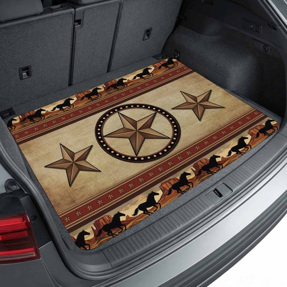 Universal Car Trunk Mat 29"x39", Texas Star Rustic Waterproof Cargo Liner, Non-Slip Durability Cargo Mat, Farmhouse Retro Horse Western Scenery All Weather Rear Trunk Protector for Car SUV
