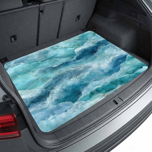 Universal Car Trunk Mat 29"x39", Turquoise Coastal Waterproof Cargo Liner, Non-Slip Durability Cargo Mat, Modern Abstract Beach Waves Ocean All Weather Rear Trunk Protector for Car SUV
