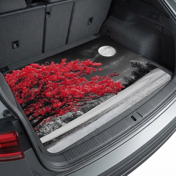 Universal Car Trunk Mat 29"x39", Vibrant Red Tree Waterproof Cargo Liner, Non-Slip Durability Cargo Mat, Glowing Moon Black Sky All Weather Rear Trunk Protector for Car SUV