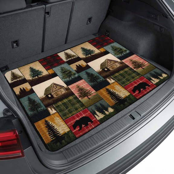 Universal Car Trunk Mat 29"x39", Vintage Checkered Forest Waterproof Cargo Liner, Non-Slip Durability Cargo Mat, Bear Cabin Trees Retro Barn All Weather Rear Trunk Protector for Car SUV