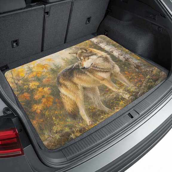 Universal Car Trunk Mat 29"x39", Wild Wolf Waterproof Cargo Liner, Non-Slip Durability Cargo Mat, Fall Forest Wildlife Maple Leaves Trees All Weather Rear Trunk Protector for Car SUV