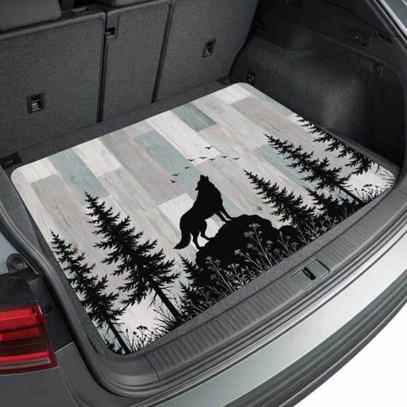 Universal Car Trunk Mat 29"x39", Wild Wolf Waterproof Cargo Liner, Non-Slip Durability Cargo Mat, Farmhouse Forest Trees Wood Grain Blue Grey All Weather Rear Trunk Protector for Car SUV